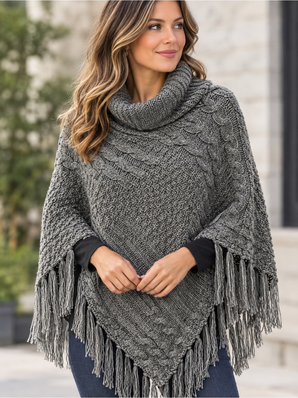 CHERIE BLISS Soft Knit Gray Cable-Turtleneck Fringe Poncho Sz OS Classic Casual